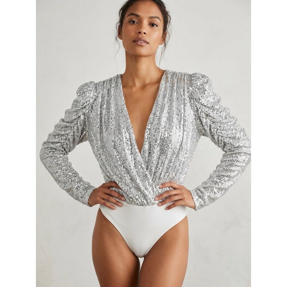 Lovers and Friends Ginger Silver Wrap Sequin Bodysuit Long Sleeve NWT Size XS